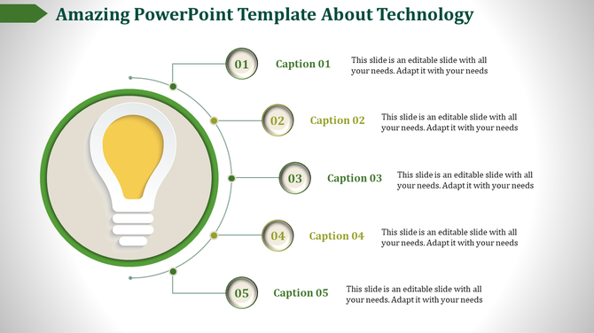 Technology slide with a yellow lightbulb icon inside a green circle, connected to five numbered captions with text.