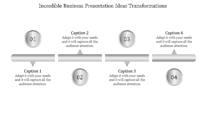 Business presentation template with four numbered steps, each labeled with a caption and placeholder text.