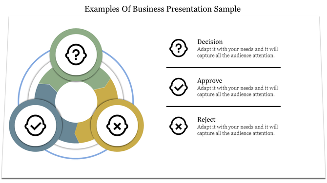 Slide featuring a three-step process diagram with green, blue, and yellow sections, each with caption areas.