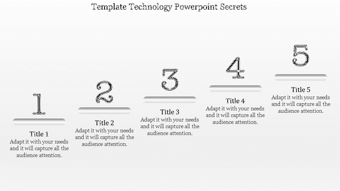 Technology steps arranged diagonally from 1 to 5 with placeholders for titles and captions beneath each number.