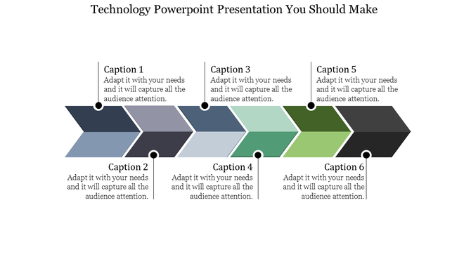 Technology PowerPoint template with six sections, each containing captions and geometric arrows.