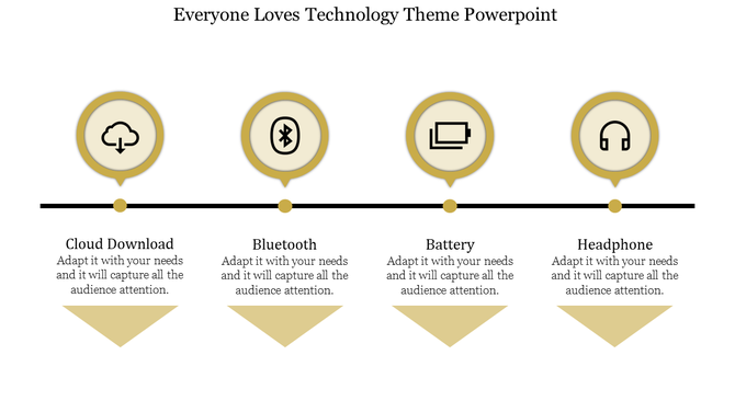 Technology PowerPoint slide with icons for cloud download, Bluetooth, battery, and headphones with placeholder text.