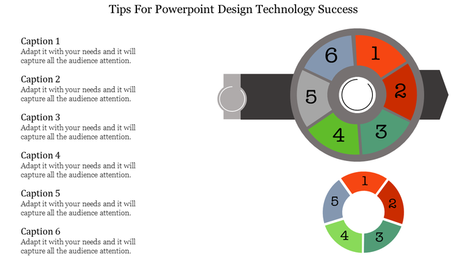 Technology PPT slide design tips showcasing numbered sections in a circular format to represent different design aspects.