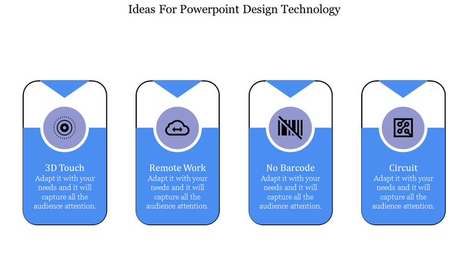Four blue cards with rounded corners featuring technology related icons and labels arranged in a horizontal row.