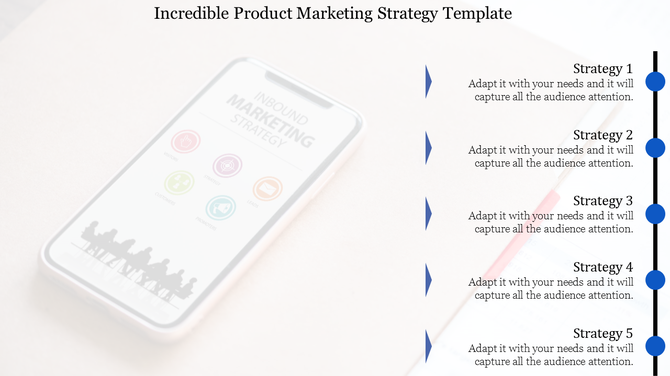 A product marketing strategy template displaying five strategies with associated icons on a phone background.