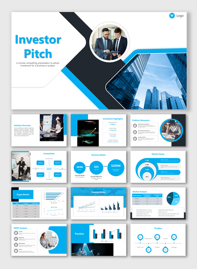 Business pitch deck template showing slides for solution overview, market analysis, SWOT analysis, revenue, and traction.