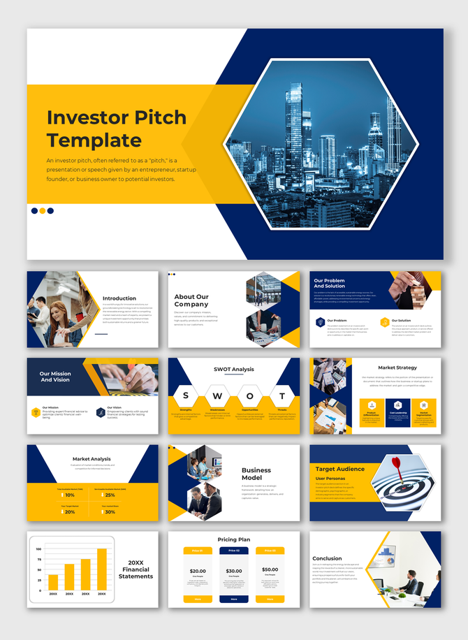 Investor pitch template with a layout highlighting mission, SWOT, target audience, business model, and market strategy.