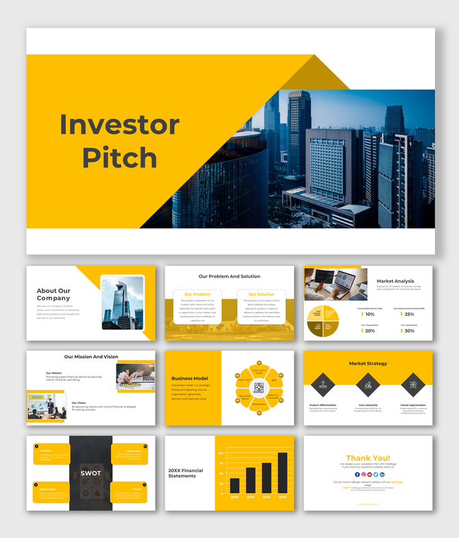 Pitch deck layout featuring business model, financial bar chart, SWOT analysis, market strategy, and thank you slide.