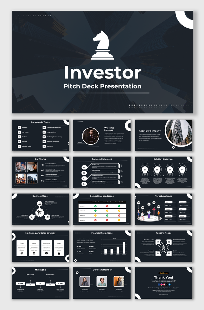 Dark themed investor slide deck showcasing business model, target audience, financial data, and team introduction.