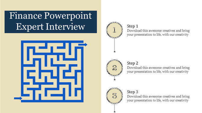 Blue maze finance illustration on beige background alongside three steps labeled 1, 2, and 3 with placeholder descriptions.