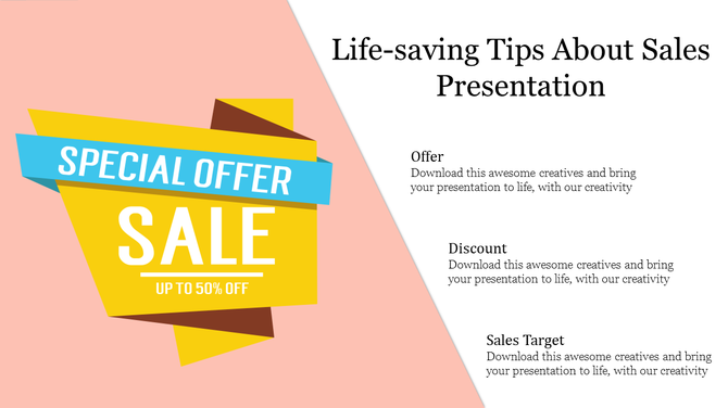 Slide featuring a yellow and blue sale banner on the left, with space for three sections about sales tips on the right.