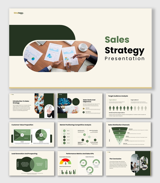 The Sales Strategy Presentation with green theme, charts, funnel diagram, icons, and business analysis layouts.