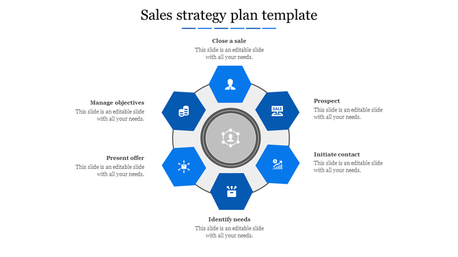 Circular sales strategy diagram with six blue hexagons around a central icon, each linked to a caption area with sales steps.