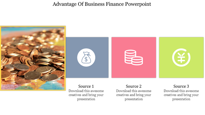 Finance slide featuring gold coins image and three colored sections with dollar, stack, and yen icons.