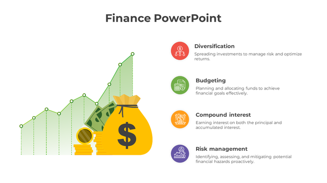 Finance PPT slide features a Green line chart, gold coins, and a money bag to illustrate financial growth with icons.