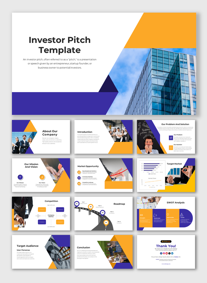 Investor slide deck design with alternating blue, orange, and white sections, including charts, icons, and business visuals.