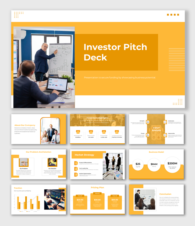 Investor pitch deck template featuring slides for problem-solving, SWOT analysis, pricing strategy, and company highlights.