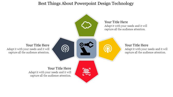 Technology themed infographic featuring a robotic arm icon at the center and four surrounding hexagons in various colors.