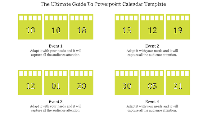 Calendar layout with yellow date blocks arranged in rows, each paired with event descriptions below.
