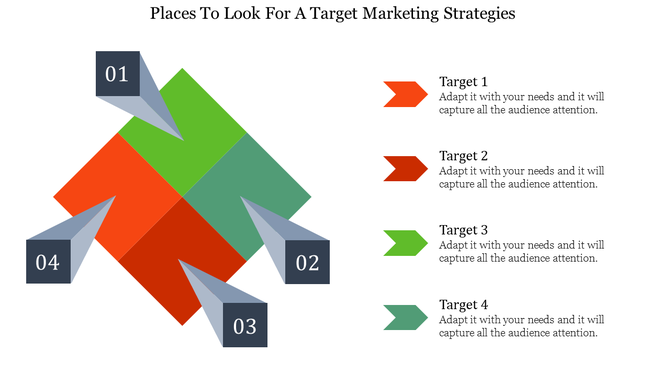 Target marketing strategy slide with four 3D-numbered callouts (01 to 04) connected to colorful diamond shapes.