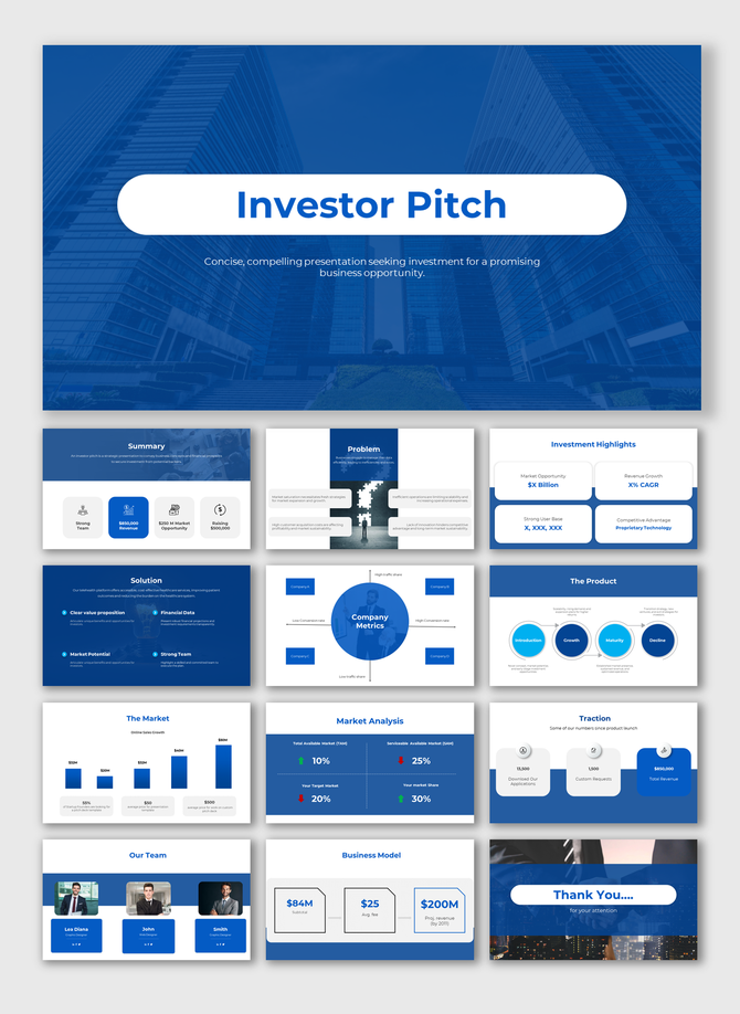 Investor pitch PowerPoint slides showcasing business opportunities with sections for market analysis, team, and product.
