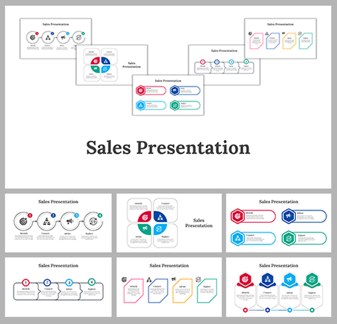 Sales template showcasing six layouts, including flowcharts, timelines, and diagrams with red, blue, and green icons.