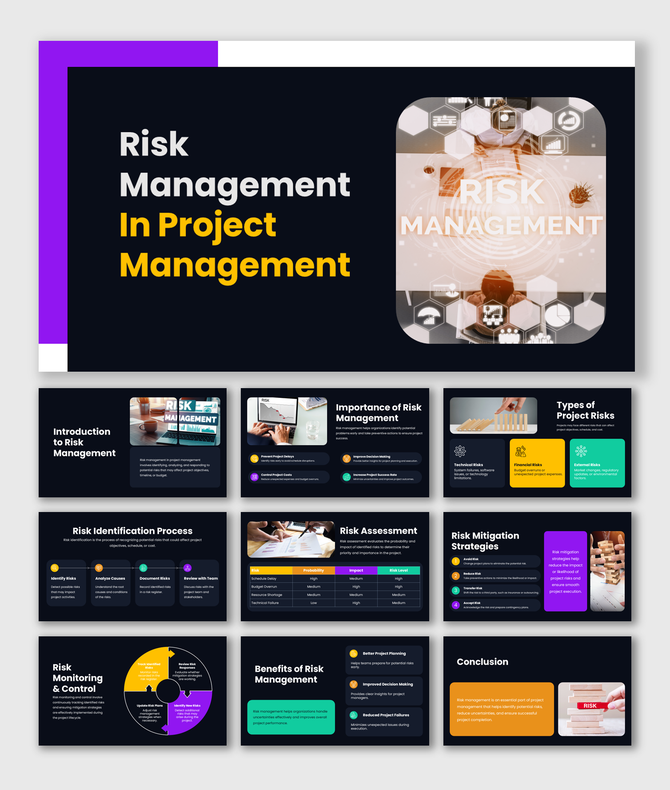 Risk Management In Project Management slides with dark theme, charts, risk assessment, mitigation and monitoring steps.