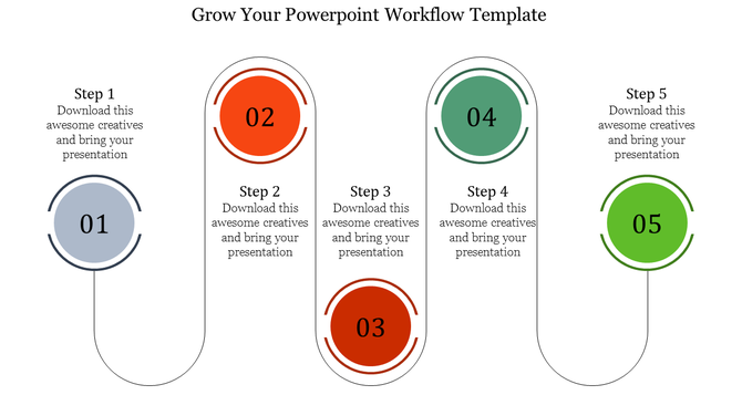 A five step workflow slide with color coded numbered circles, showing a process flow with placeholder text.