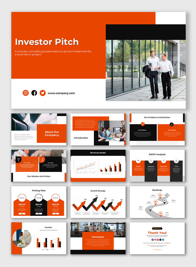Investor pitch template with 13 slides featuring orange, white, and black layouts, charts, and images.