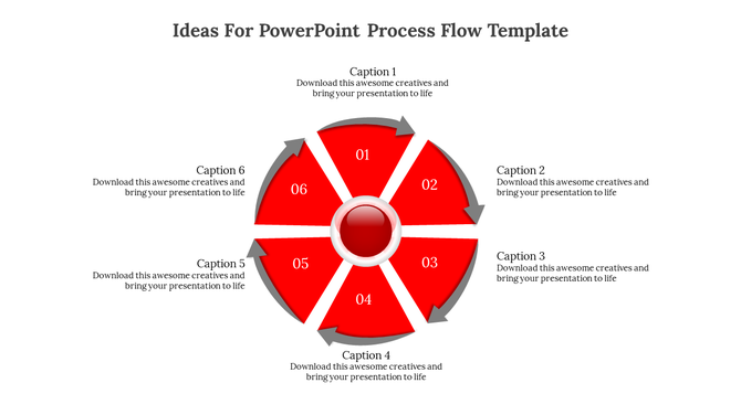 Six step circular process flowchart with red triangular sections, numbered 01 to 06, and captions placed around the circle.