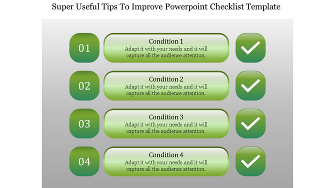 Green gradient checklist template with four numbered conditions, text placeholders, and checkmark icons.