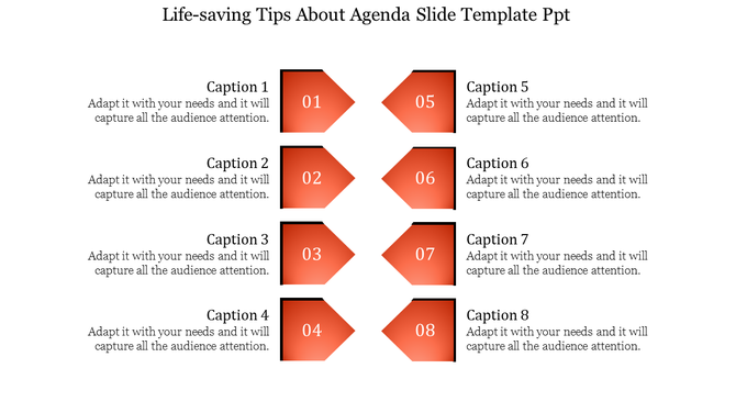 Agenda slide with eight numbered orange arrow shapes arranged in two vertical columns, paired with captions on either side.