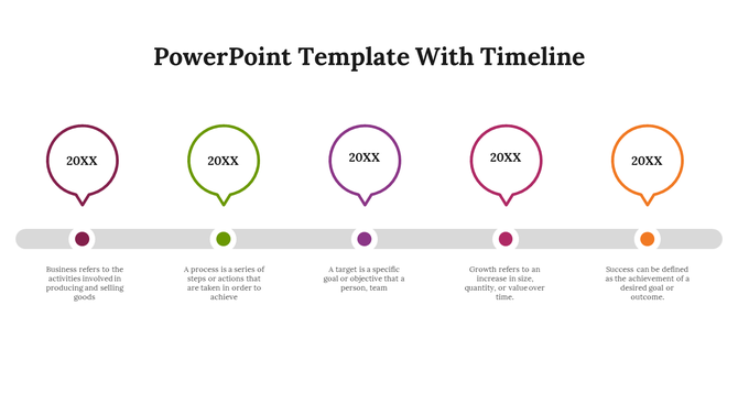 Timeline PPT template with circles for different stages of business, process, target, growth, and success with description.