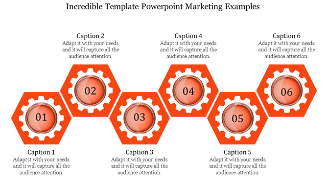 Six orange hexagons with white gear like patterns inside, arranged in a zigzag flow layout with numbered centers.