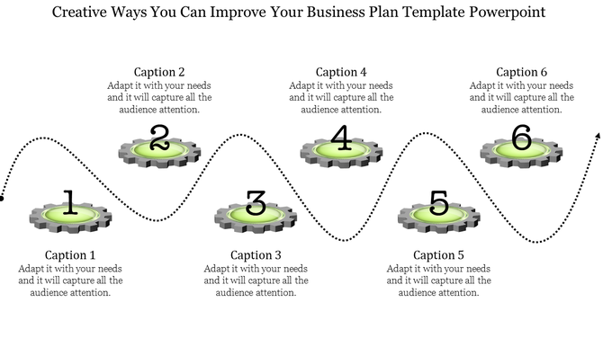 Creative business plan PowerPoint template with six numbered gears connected by a dotted line, each with captions.