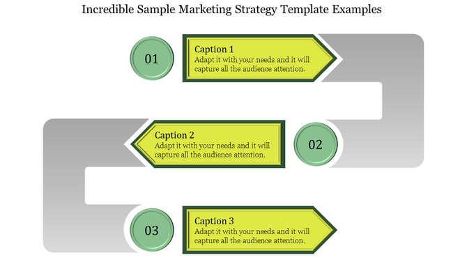 Marketing strategy template with three steps, each represented by numbered circles and descriptive captions.