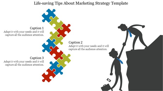 Marketing strategy slide features colorful puzzle pieces and two silhouetted people with captions.