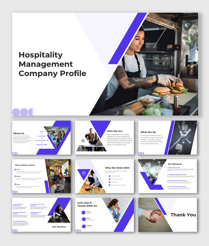 Company profile with four captions placed around curved paths in blue, gray, yellow, and red connected to grey circle.