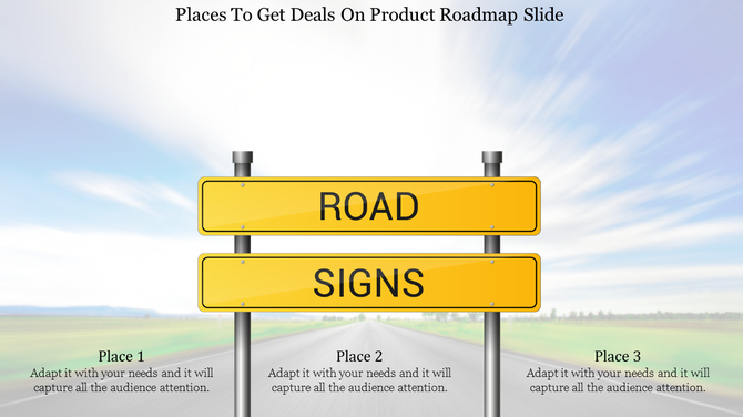 Yellow roadmap with bold black text road and signs, placed on a clear highway with a bright sky background.
