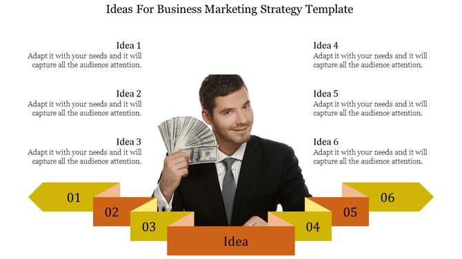 Business marketing strategy slide with six arrows and captions, each representing different ideas along with an image.