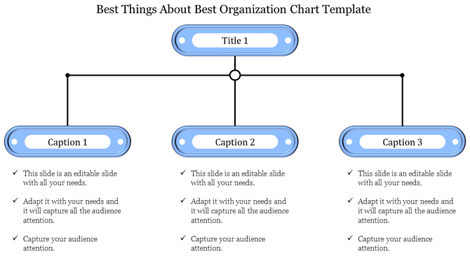 Organization chart template with a central blue title box connected to three caption boxes below, each with bullet points.