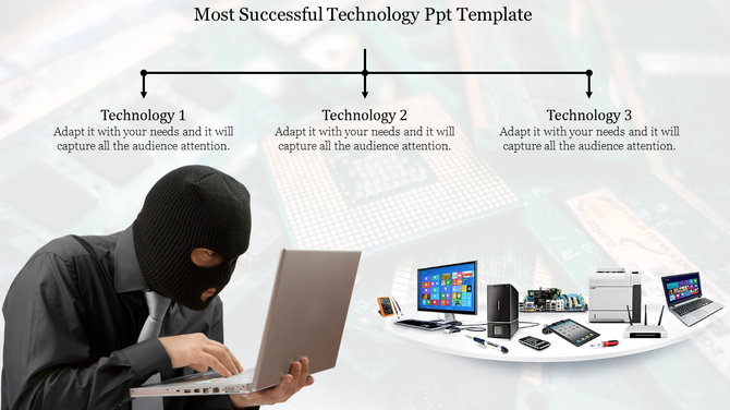 Technology template showing a masked man with a laptop and various tech gadgets, including computers, routers, and printers.