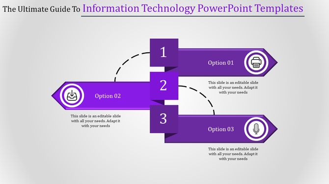Purple themed slide with three steps, featuring numbered blocks in the center, and alternating text boxes on both sides.