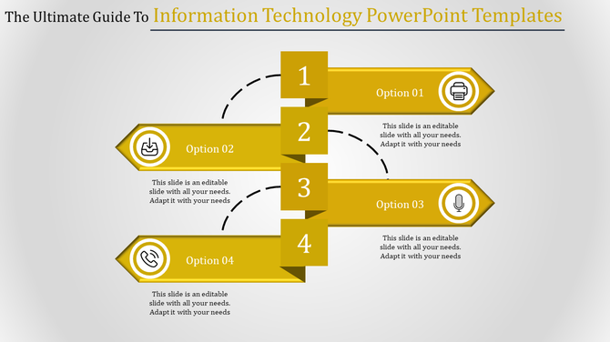 Four step diagram in yellow with alternating left and right arrows, featuring icons, and text placeholders for options.