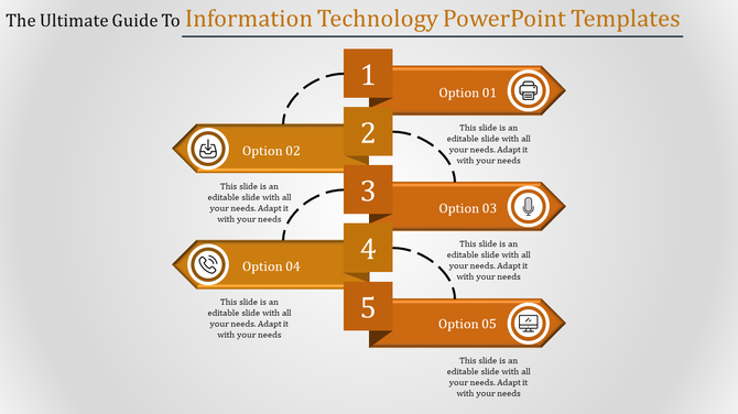 PowerPoint template for information technology with five numbered options, each featuring different icons.