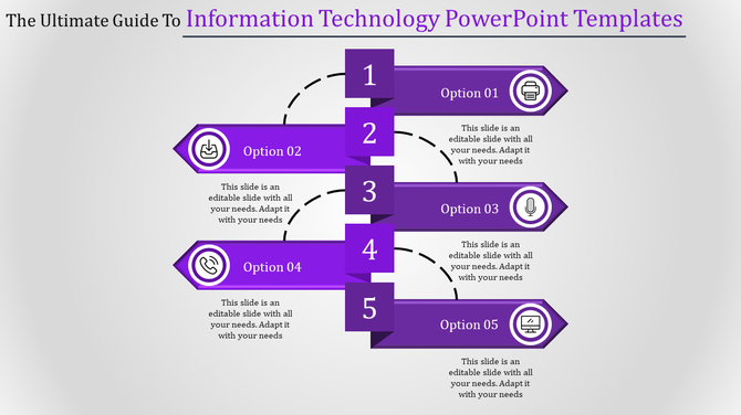 Information technology slide with five purple steps, icons, and captions arranged in a vertical sequential layout.