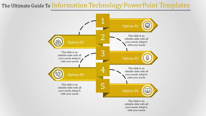 Information technology slide with five numbered yellow banners, icons, and each placed with placeholder text areas.