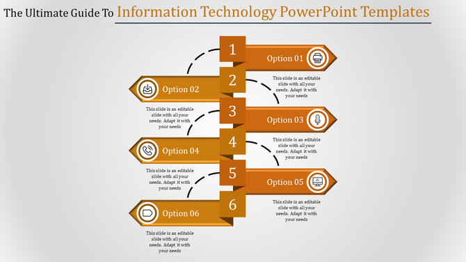 Information technology slide with five numbered yellow banners, icons, and placeholder text areas.