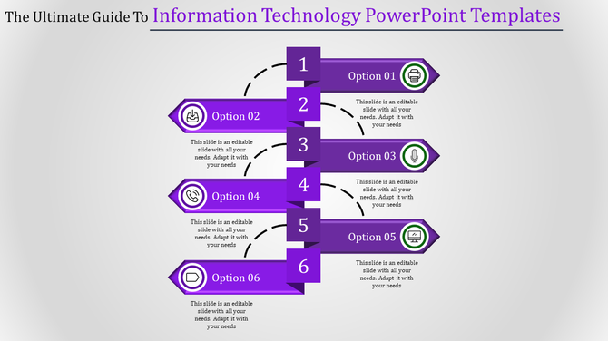 Vertical flow diagram with six purple steps, numbered 1 to 6, connected to text boxes with icons and arrows.