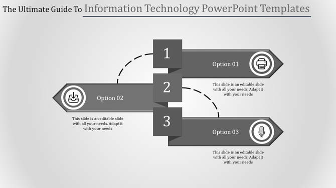 Black and white PowerPoint slide featuring options for information technology template with icons.